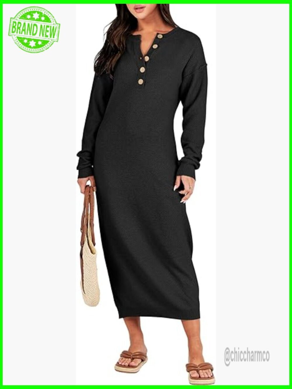 Oversized Waffle Knit Midi Dress Long Sleeve V-Neck Button Casual